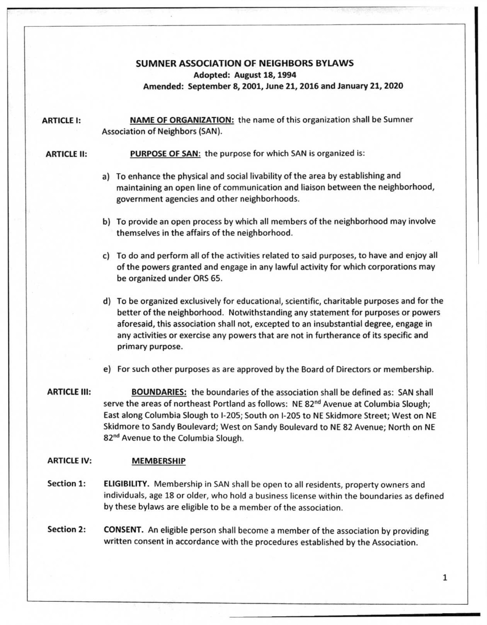Sumner Association of Neighbors Bylaws